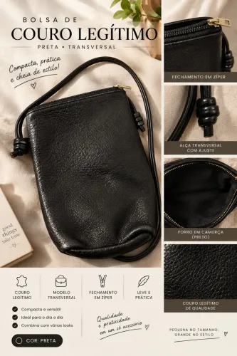 Bolsa de Couro Legítimo Preta Transversal