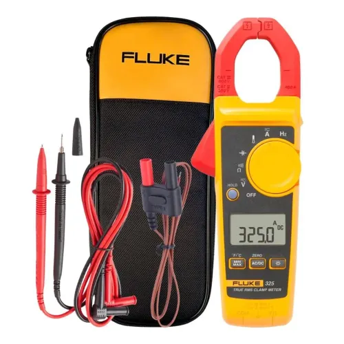 Alicate amperímetro digital Fluke 325 True-RMS com bolsa de transporte inclusa.