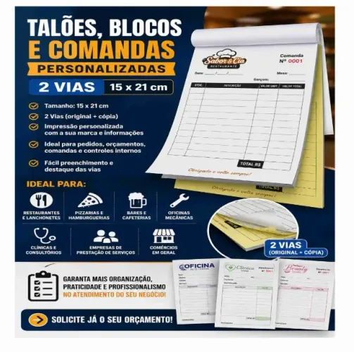 Talões, blocoe e pedidos em comanda personalizada 