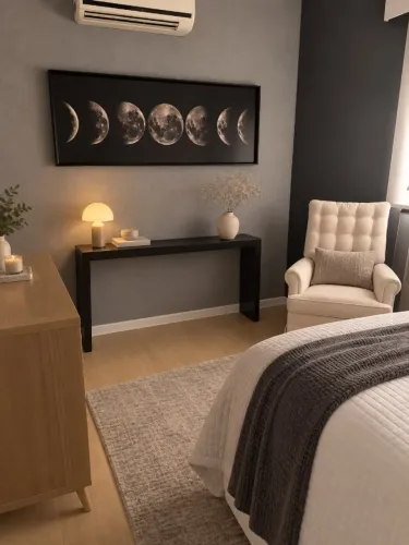 Quadro Decorativo Zen e Étnico Lua com Moldura Preta Retangular com Vidro 60x160cm