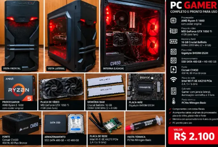 PC Gamer - Ryzen 5 1600 + GTX 1050 Ti + 16 GB RAM