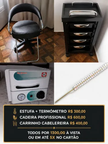 ESTUFA + TERMÓMETRO, CADEIRA CABELEREIRA PROFISSIONAL , E CARRINHO CABELEREIRA.