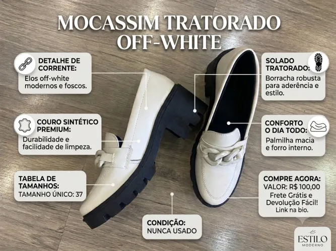 Mocassim Tratorado Off-White com Corrente - NUNCA USADO - Tam 37