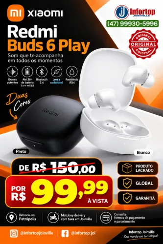 Fone Redmi Buds 6 Play Xiaomi, Original, Lacrado e com Garantia