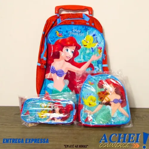 Kit Mochila + Estojo + Lancheira Disney Ariel - Novo