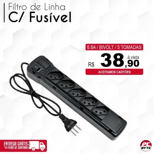 Filtro de Linha Bivolt, 05 tomadas, com fusível, Proteção contra surto, sobretensão freteg