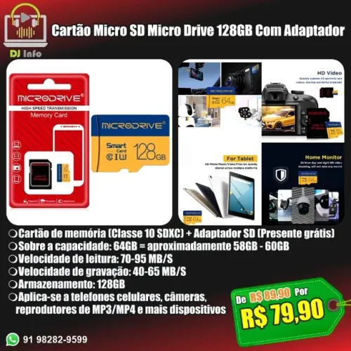 Cartão Micro SD Micro Drive 128GB Com Adaptador