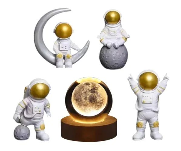 Luminária De Mesa Bola De Cristal + 4 Astronautas De Resina Branco