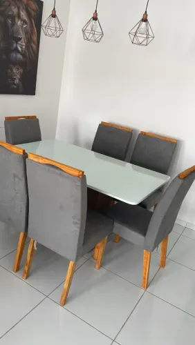 Mesa de Jantar com 6 Cadeiras em Suede Cinza