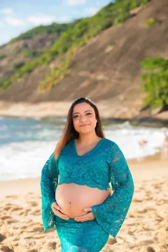 Vestido de gestante 2 em 1 azul turquesa para ensaio fotográfico