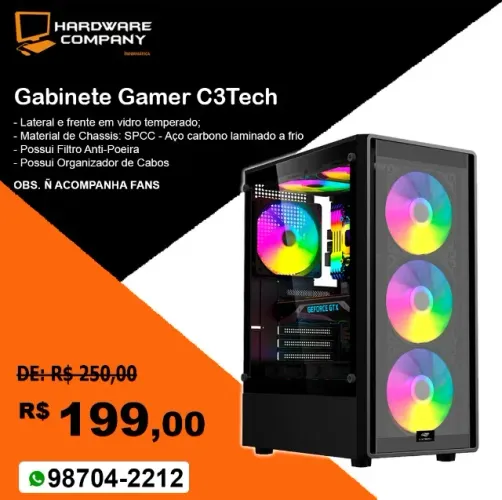 Gabinete Gamer lateral e frontal em vidro temperado - C3Tech