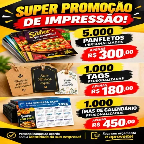 5000 panfletos , 1000 tags personalizadas, 1000 imãs de calendário