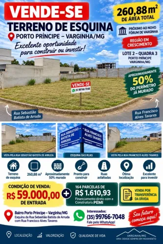 R$ 195.000,00 - Oportunidade! Terreno de Esquina 260,88m² - Porto Príncipe - Varginha/MG