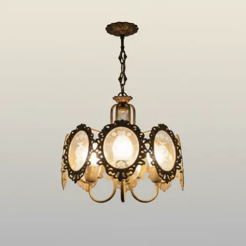 Lustre Pendente Antigo Bronze Com Medalhões De Vidro Floral (Usado)