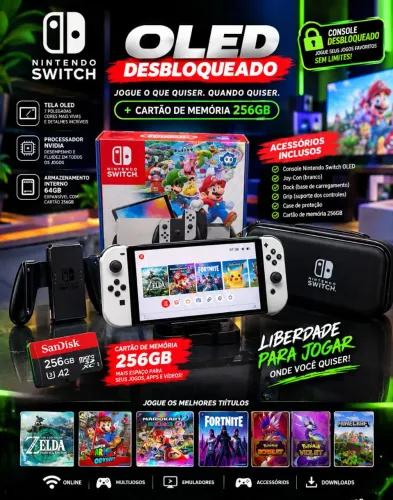 Nintendo Switch Oled Desbloqueado + Cartão Memória 256gb