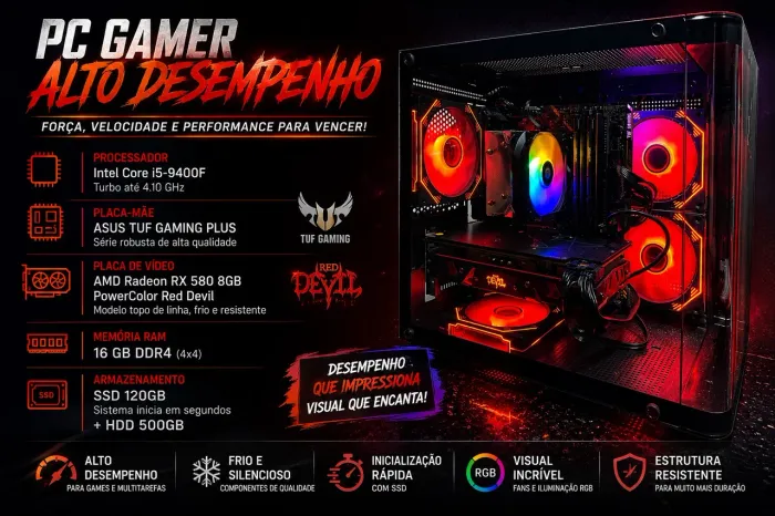 NÃO É RX 580 CHINESA! PC Gamer i5-9400F + RX 580 Red Devil ORIGINAL | ASUS TUF | 16GB RAM