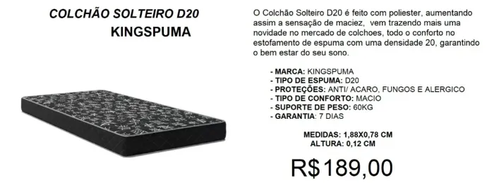 Colchão solteiro-D 20 kingspuma