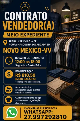 VAGA VENDEDOR(A) LOJA MODA MASCULINA