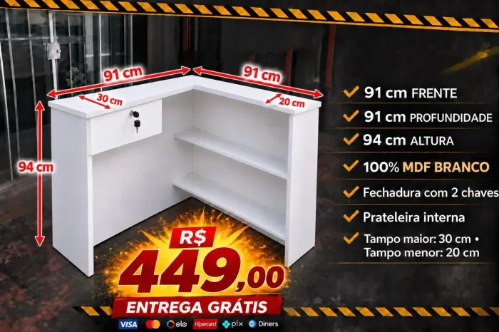BALCÃO CAIXA CM GAVETA/CHAVE MDF NOVO