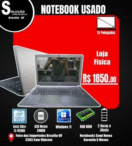 Notebook Acer Intel Core I3-8130U 8GB RAM SSD 240GB Windows 11 15* Polegadas