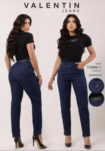 Calça Jeans Feminina Valentin Jeans Modelo Mom azul escura Cintura Alta