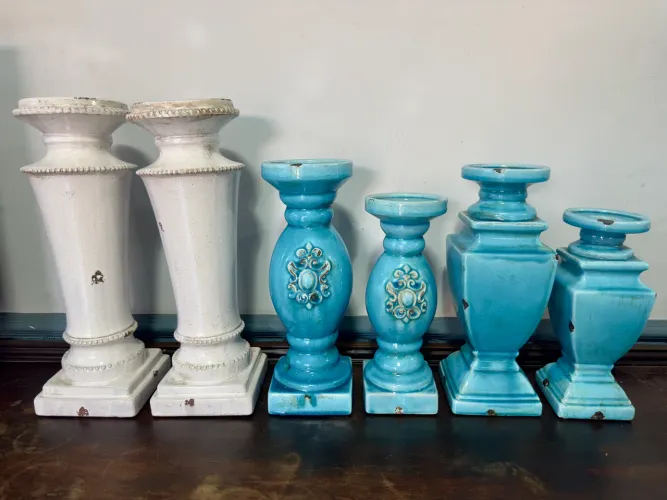 Castiçais em cerâmica pintura velha - 