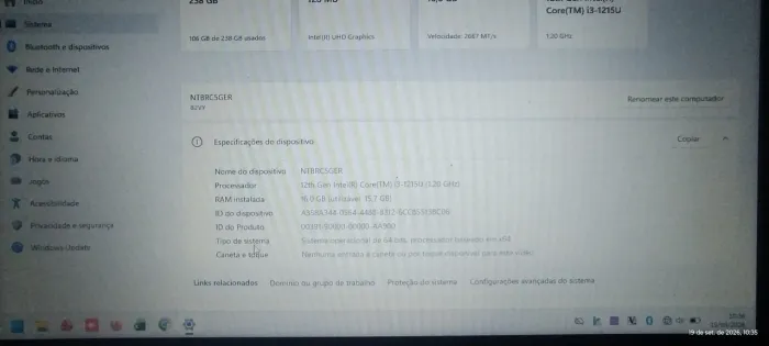 Notebook Lenovo i3 12? geração 16gb ram ssd240gb