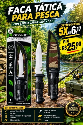 Faca Tática C/Bainha Camuflada, Aço Inox P/Pesca, Caça, Camping, Sobrevivência,.