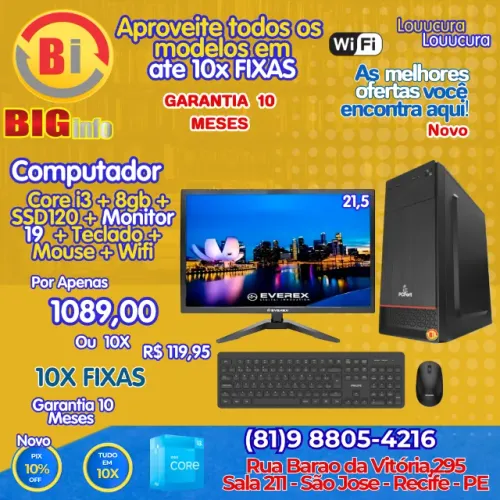 Computador Completo Intel Core I3 Gb 8 Ram Ssd 120 Monitor 21- Em ate 10x Fixas