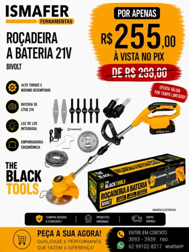 ROÇADEIRA/APARADOR GRAMA A BATERIA 21V COM ACESSÓRIOS THE BLACK TOOLS - TCG21C