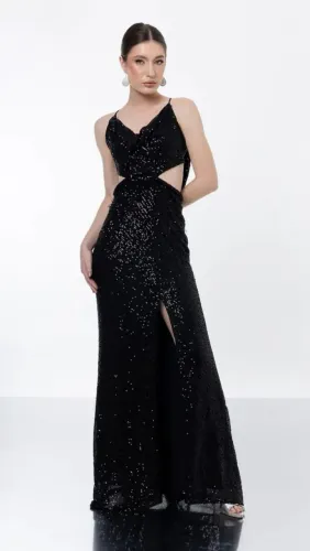 Vestido Festa Preto Em Paetês Decote nas Costas