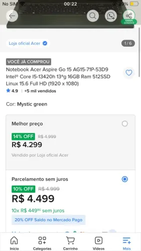 notebook acer aspire go 15, 16ram 512 ssd i5 13gen
