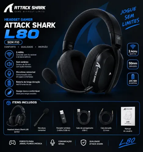 Headset gamer Attack Shark sem fio Pc/Celular