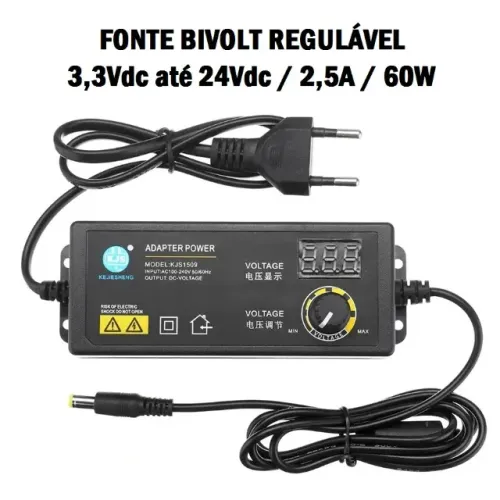 Fonte Regulável 3,3V a 24V 2,5A 60W Bivolt Nova