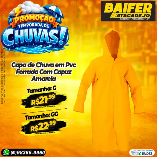 Capa de Chuva em Pvc Forrada Com Capuz Amarela G e GG