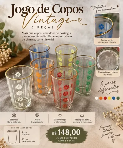 JOGO DE COPOS VINTAGE FLORAL COLORIDO - 6 PEÇAS