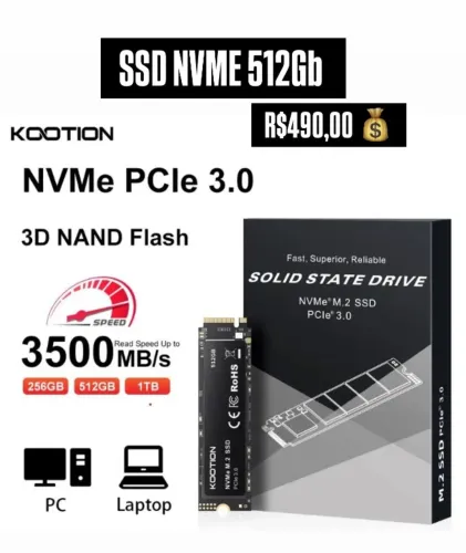 SSD NVME 512GB KOOTION - 3D NAND FLASH - GEN 3X4 - ALTA QUALIDADE!