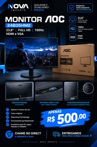 Monitor AOC, 23,8 Full HD, 100Hz, HDMI e VGA.