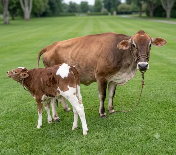 Vaca prenha com bezerro de 5 meses no pé