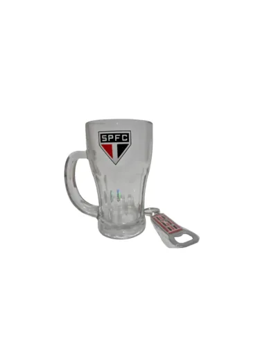 Caneca Vidro São Paulo Spfc 450ml Com Abridor Chaveiro