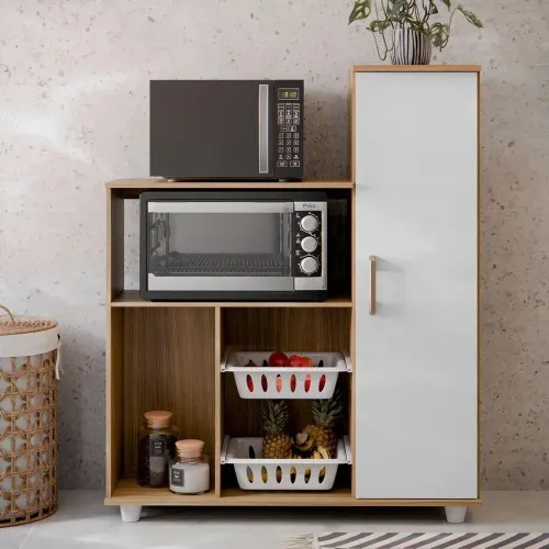 Armário Multiuso Madine Anne 1 Porta 2 Cestos P/ Microondas e Forno - Mel / Branco<br>