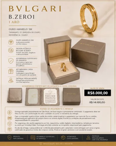 Anel BVLGARI B.zero1 Ouro Amarelo 18k 1 Aro Original Tam.52, certificado de garantia