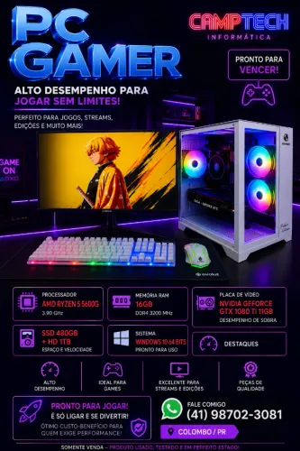 Pc Gamer Ryzen 5 5600GT, GTX 1080ti, Monitor 27 pol, 16gb Mem DDR 4, SSD M.2 480gb *Entreg