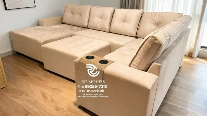 Sofá de Canto 3,10m Chaise e Puff Veludo Verde D33 Aconchegante