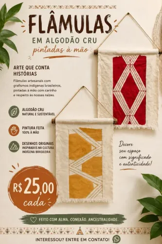 Flâmulas em algodão cru pintadas à mão 