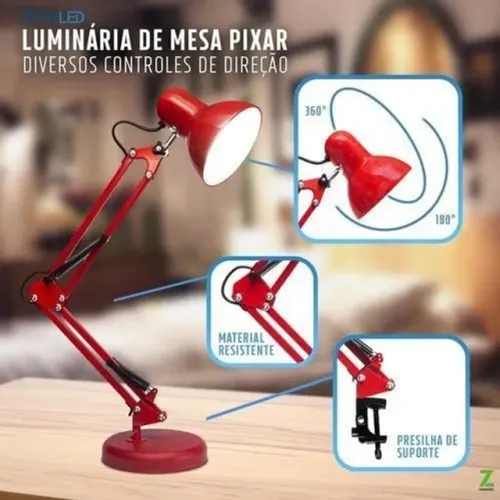 Luminária Pixar Articulada Abajur de Mesa Garra e Base Vermelha