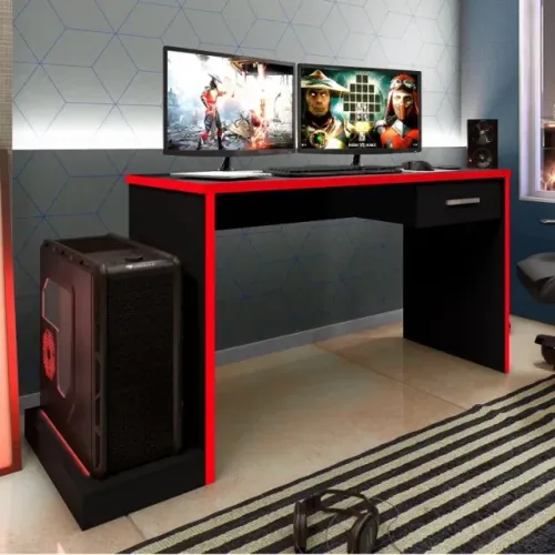 Promocao Mesa Escritorio Gamer com detalhe vermelho e gaveta
