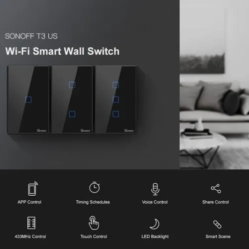 Sonoff Botão touch Us 4x2 Rf 433mhz Interruptor Wi-fi Android IOS Preto Black