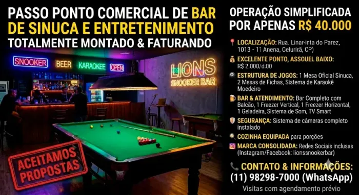 Passo Ponto Bar de Sinuca Completo no Butantã - Porteira Fechada por R$ 40k