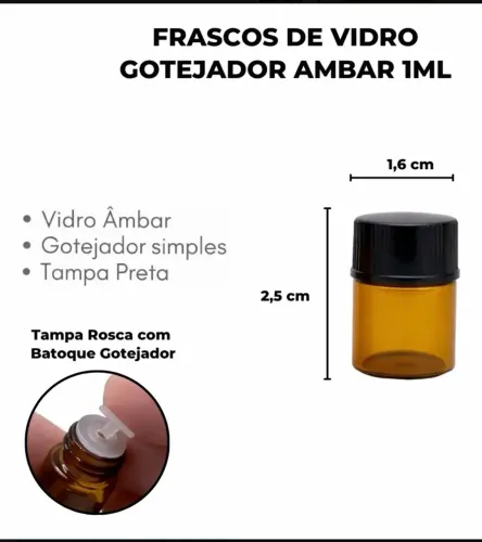 Frascos De Vidro Âmbar Gotejador 1ml Óleo Essencial